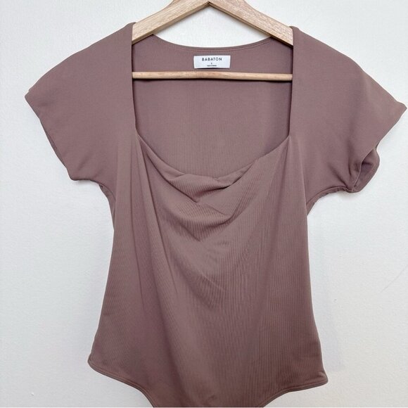 Aritzia Womens L Babaton Contour Deep Taupe Short Sleeve Square Neck Bodysuit - Picture 3 of 12